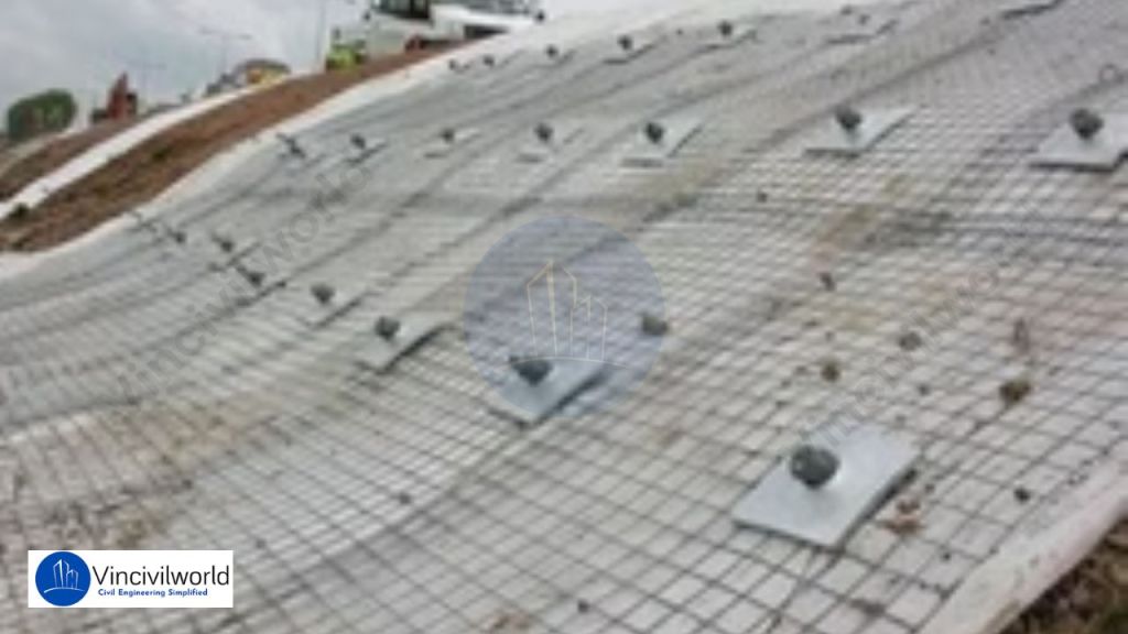 Close-up of a soil nailing installation showing reinforcing mesh and anchor plates on a sloped surface for slope stabilization.