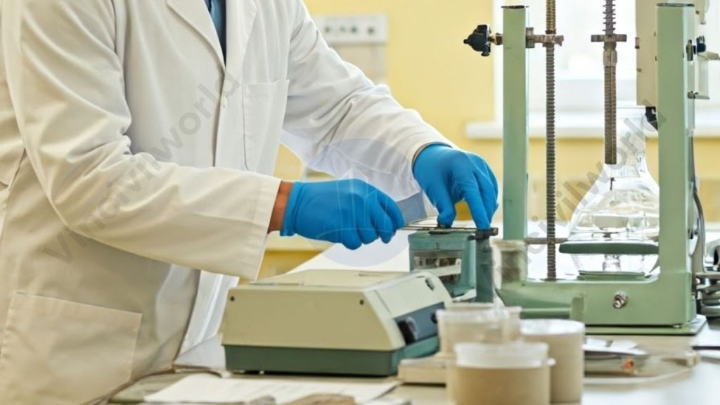 A laboratory setting where a person in a lab coat and blue gloves is conducting a soundness test on aggregates, using measuring equipment and samples.