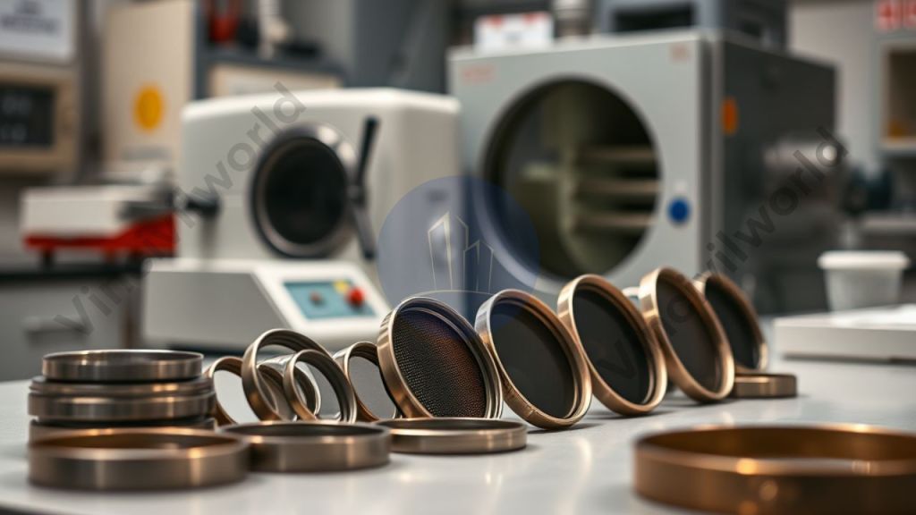 Laboratory setup with metal sieves arranged on a table, showcasing equipment used for the soundness test of aggregates.