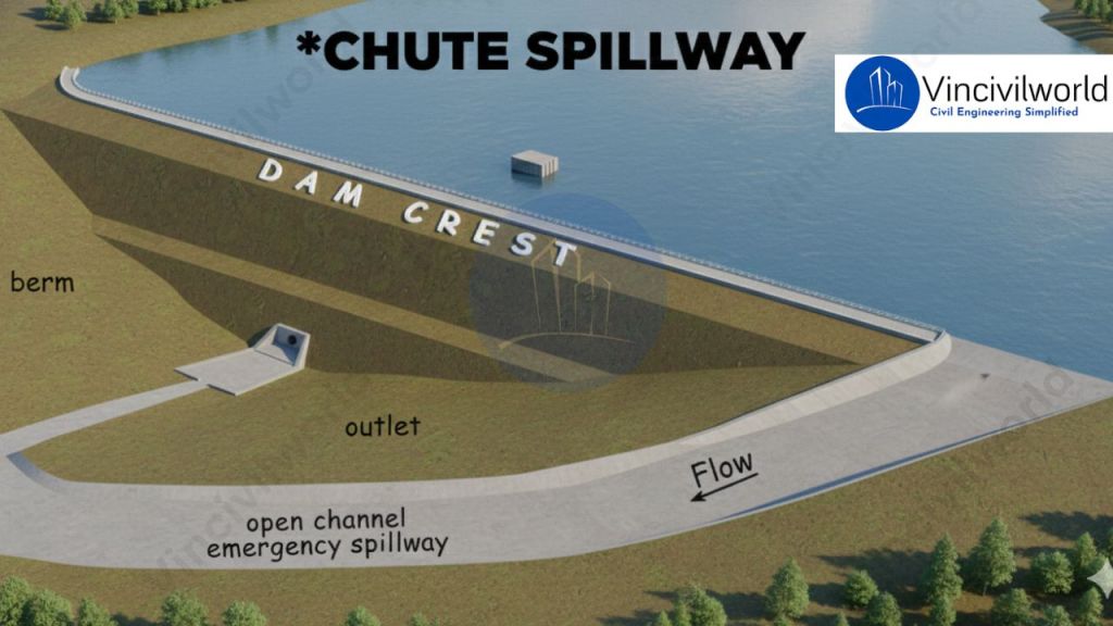 Illustration of a chute spillway at a dam, showing the dam crest, outlet, and open channel emergency spillway with water flow direction indicated.