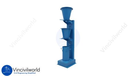 A blue civil engineering apparatus featuring two hoppers and a collecting bucket, designed for material testing.