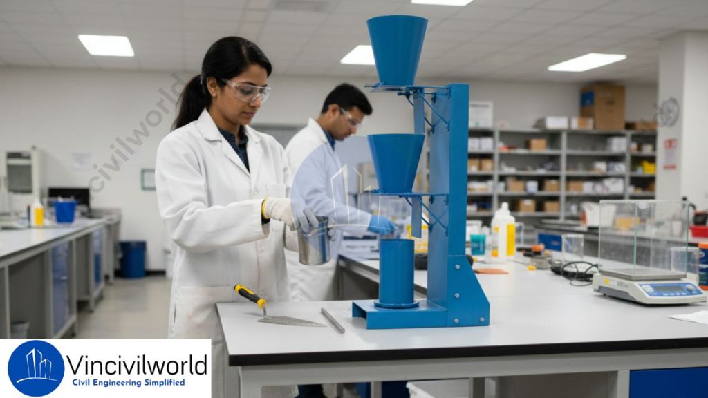 A female laboratory technician in a white lab coat and protective goggles is pouring a substance from a can into a blue funnel system, while a male colleague works in the background in a modern laboratory setting.