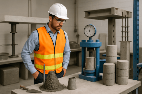 A construction worker in a safety vest and hard hat examines concrete samples next to a compression testing machine in a lab setting.