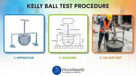 A three-part image illustrating the Kelly Ball Test procedure. The left panel shows the apparatus used for the test, the middle panel features a diagram explaining the components, and the right panel displays a person conducting the on-site test with concrete.
