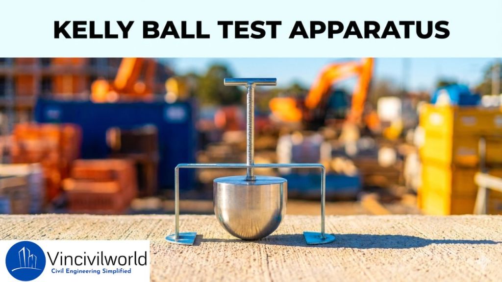 A Kelly ball test apparatus placed on a construction site, with blurred machinery and materials in the background.