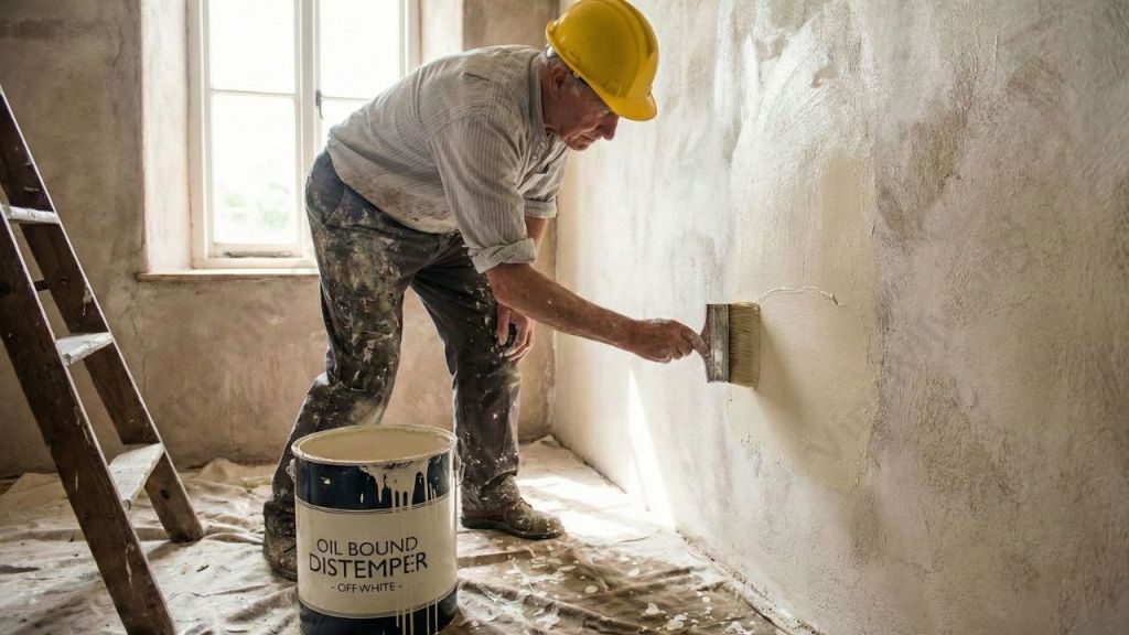 An elderly man in a yellow hard hat painting a wall with a brush while standing next to a can of oil-bound distemper. A wooden ladder is visible in the background.