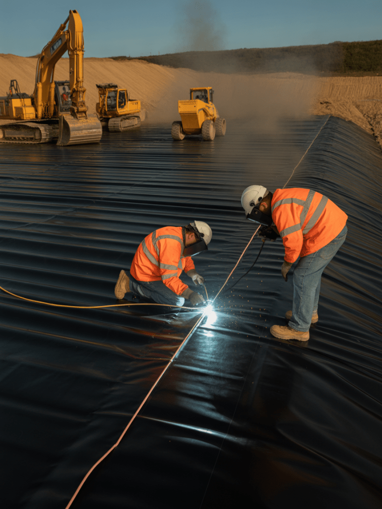 Two workers in safety gear welding a geomembrane on a construction site with heavy machinery in the background.