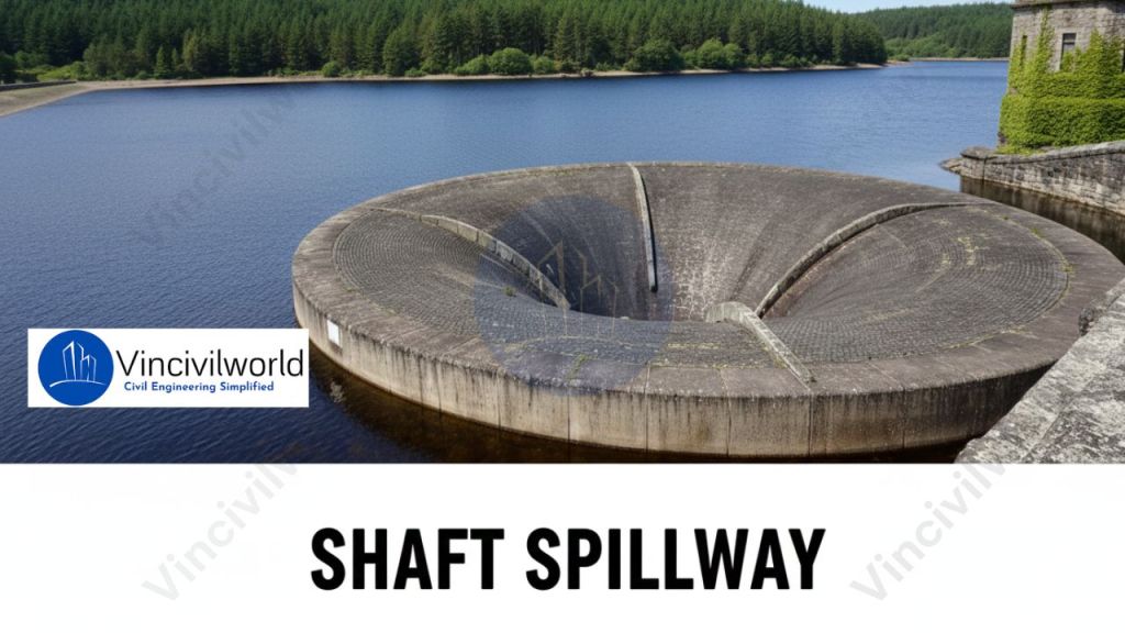 A shaft spillway featuring a large, circular opening that descends vertically into a reservoir, surrounded by a forested landscape.