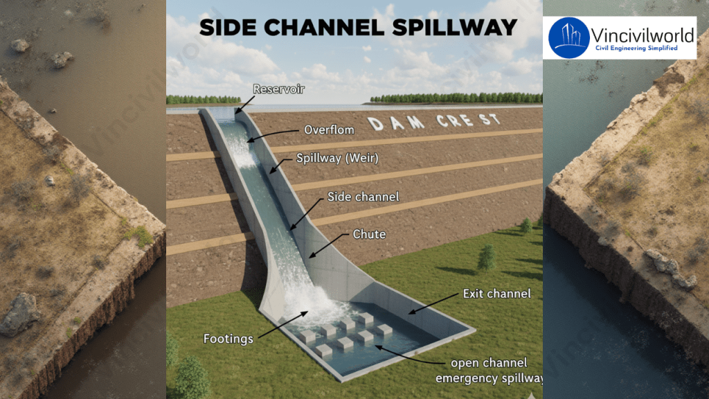 Diagram illustrating a side channel spillway, showing a reservoir, overflow weir, spillway channel, chute, exit channel, and footings.