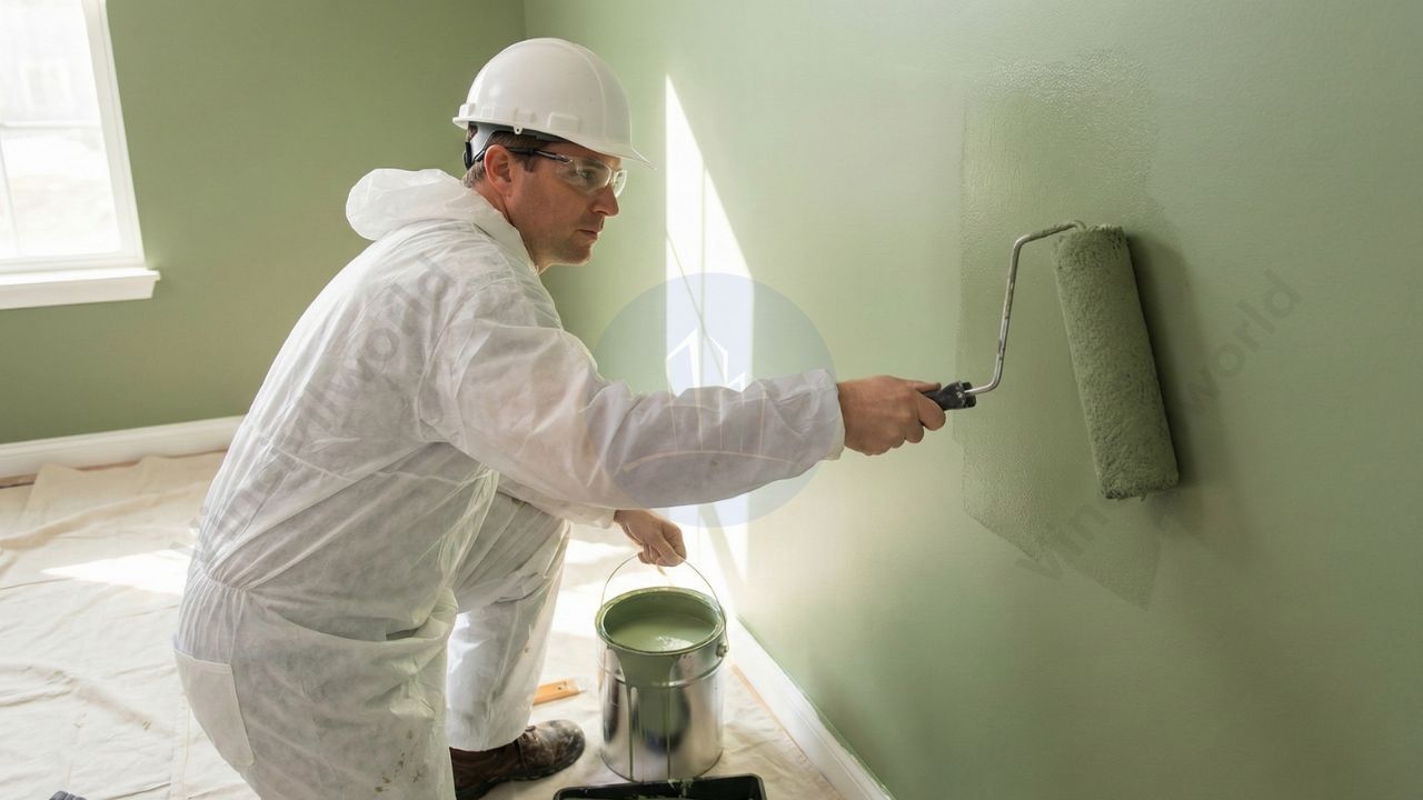 A man in protective clothing and a hard hat painting a green wall with a roller in a room.