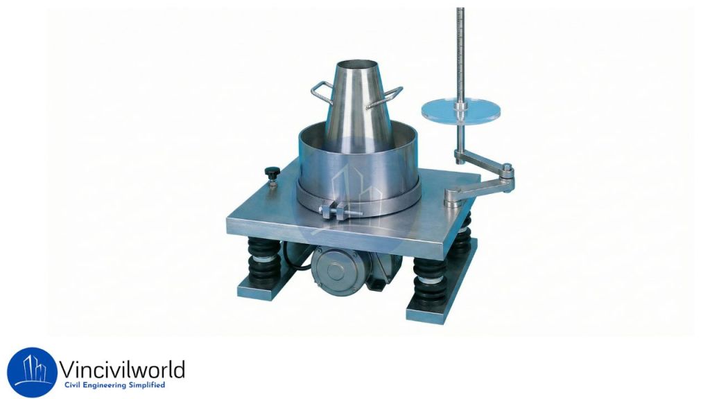 A steel laboratory apparatus used for material testing, featuring a cone-shaped container and a mechanical device for precise measurements.