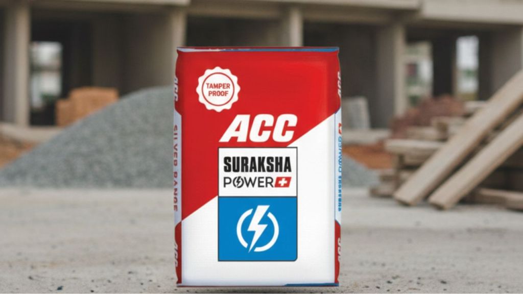 A bag of ACC Suraksha Power cement displayed at a construction site, with building materials like gravel and wooden beams in the background.
