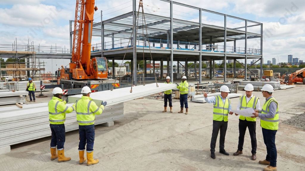Construction site featuring workers overseeing the installation of autoclaved lightweight concrete (ALC) panels, with a crane positioned to lift the panels.