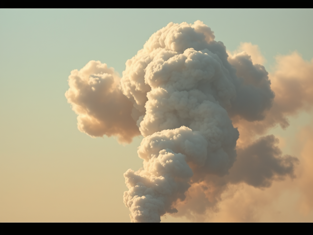 A large, multi-layered plume of smoke rising into the sky against a pale backdrop, showcasing different shades of gray and white.