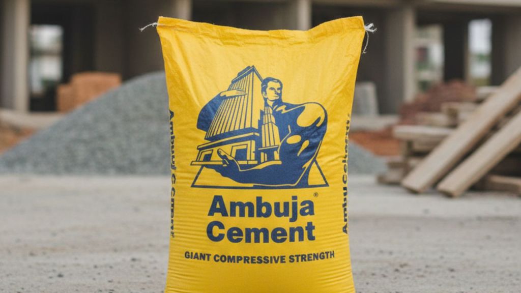 Yellow cement bag with Ambuja Cement branding, surrounded by construction materials.