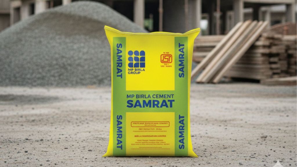 A bag of MP Birla Cement 'Samrat' displayed on a construction site, with gravel piles and wooden planks in the background.