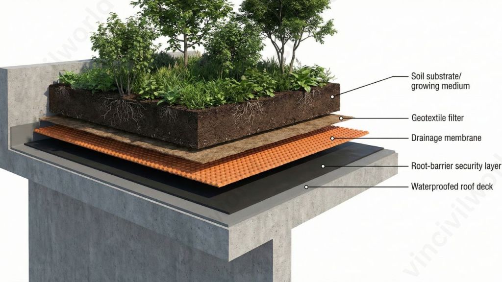 Cross-section diagram of a green roof system showing layers: soil substrate/growing medium, geotextile filter, drainage membrane, root-barrier security layer, and waterproofed roof deck.