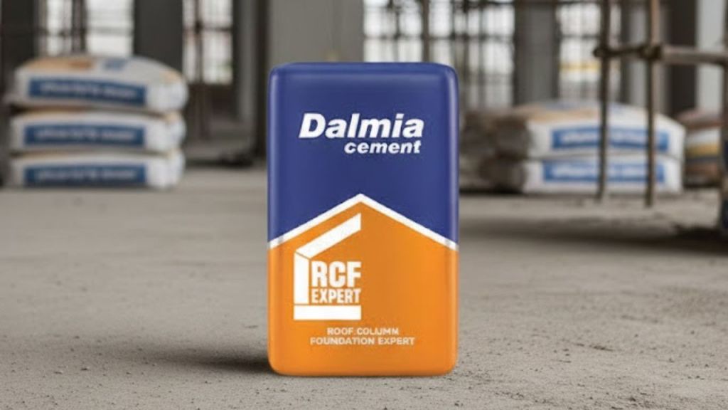 A bag of Dalmia cement labeled 'RCF Expert' displayed on a construction site with bags in the background.