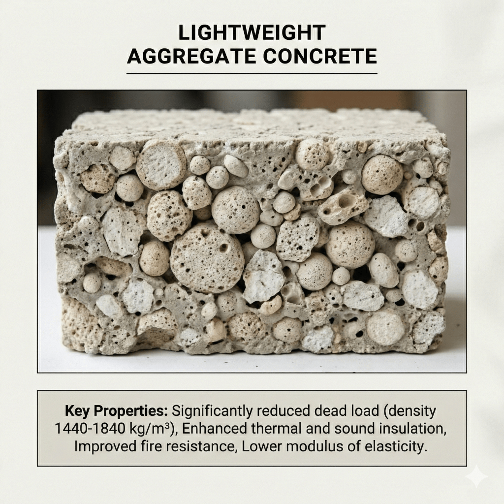 Close-up of a block of lightweight aggregate concrete displaying various aggregate particles, featuring a caption highlighting its key properties such as reduced dead load, improved insulation, and fire resistance.