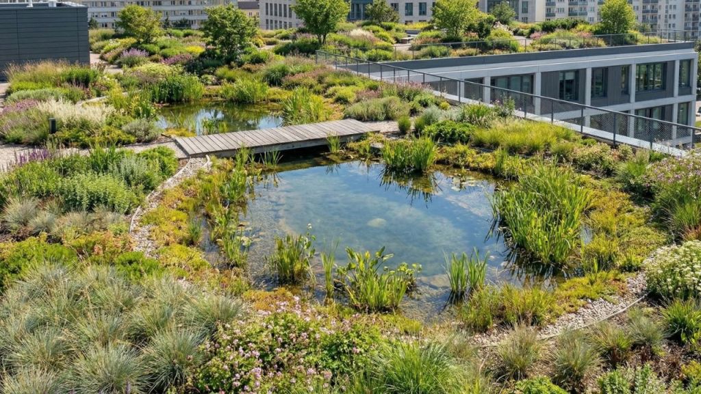 Aerial view of a lush green rooftop garden featuring various plants, a small pond, and a wooden walkway among vibrant foliage.