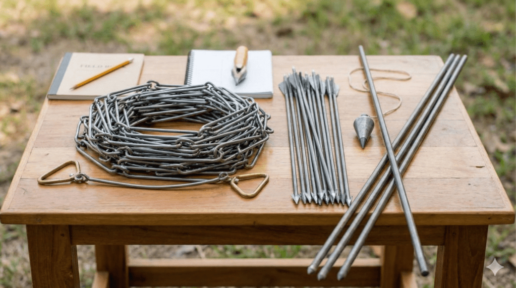 A wooden table displaying various tools and materials, including a coiled metal chain, several metal stakes, a plumb bob, a notepad with a pencil, and a ruler.