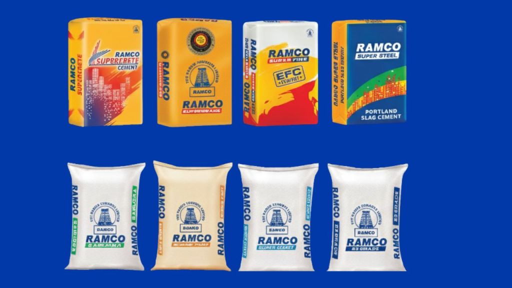 Various types of Ramco cement bags displayed on a blue background.