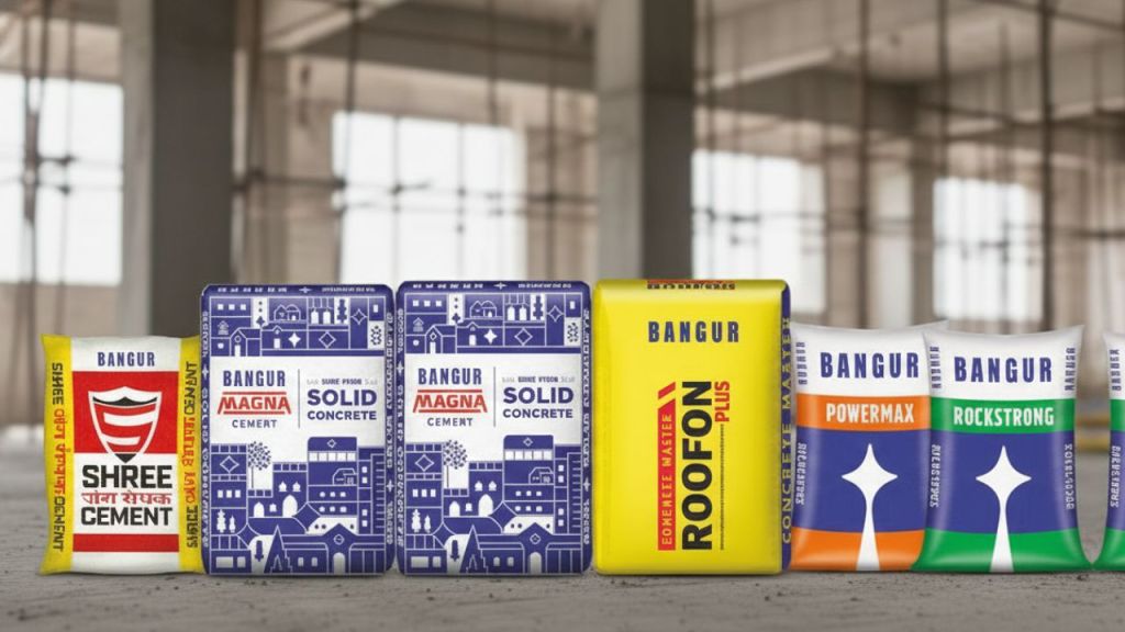 An assortment of cement bags displayed in a construction environment. The bags include Shree Cement, Bangur Magna, Solid Concrete, Roofon Plus, Powermax, and Rockstrong.