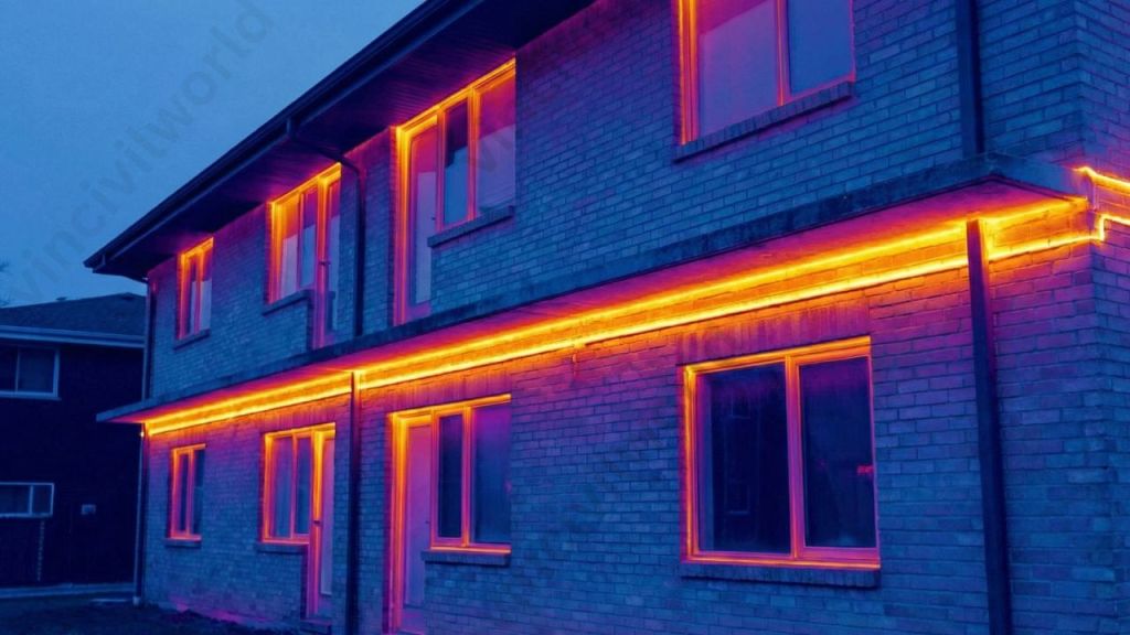 A two-story brick house illuminated with vibrant orange and purple neon lights along the edges of the windows and roof, set against a twilight sky.