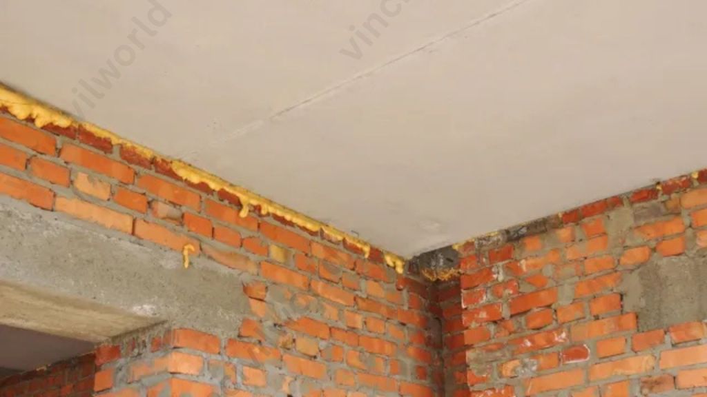 Interior corner of a room featuring exposed red brick walls and a foam sealant applied along the ceiling joint.