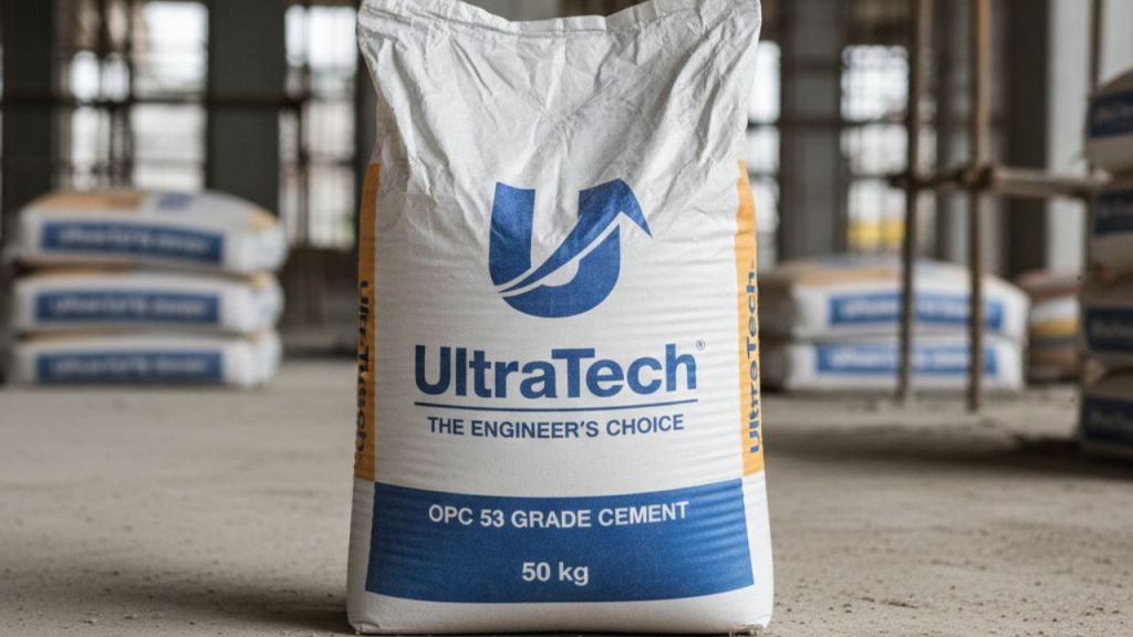 A bag of UltraTech cement labeled 'OPC 53 GRADE CEMENT' weighing 50 kg, placed in a construction setting with other bags in the background.
