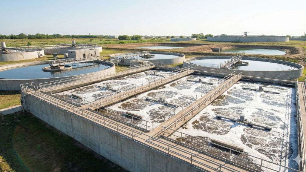 Aerial view of a wastewater treatment facility with several circular and rectangular tanks, featuring flowing water and foam, used for secondary treatment processes.