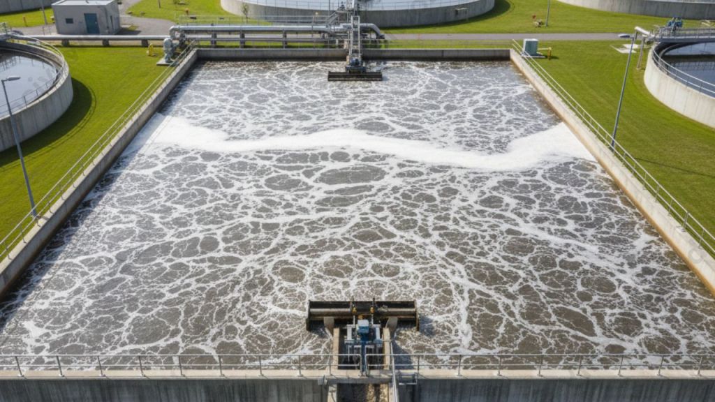 Aerial view of a primary wastewater treatment facility showing a settling tank with bubbling, aerated water and foamy surface.