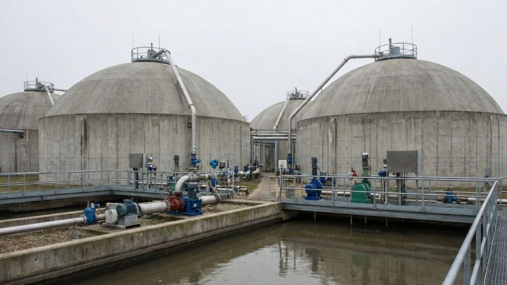 Concrete anaerobic digesters at a wastewater treatment facility, with pipes and pumps visible for managing sewage processing.