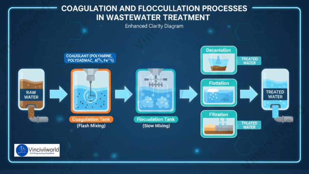 Diagram illustrating coagulation and flocculation processes in wastewater treatment, depicting stages including raw water input, coagulation tank for flash mixing, flocculation tank for slow mixing, decantation, flotation, and final filtration leading to treated water output.