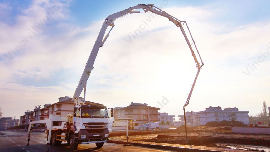 A truck-mounted concrete pump with a long hydraulic boom extends over a construction site, demonstrating its use for delivering concrete to elevated areas.