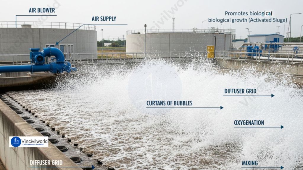 Aeration tank in activated sludge process featuring air supply and diffuser grid for oxygenation, promoting biological growth with visible bubbles.