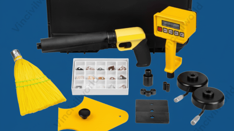 A collection of Penetration Resistance Test equipment, including a gunpowder-actuated driver, depth gauge, calibration chart, and various probes, arranged on a blue background.