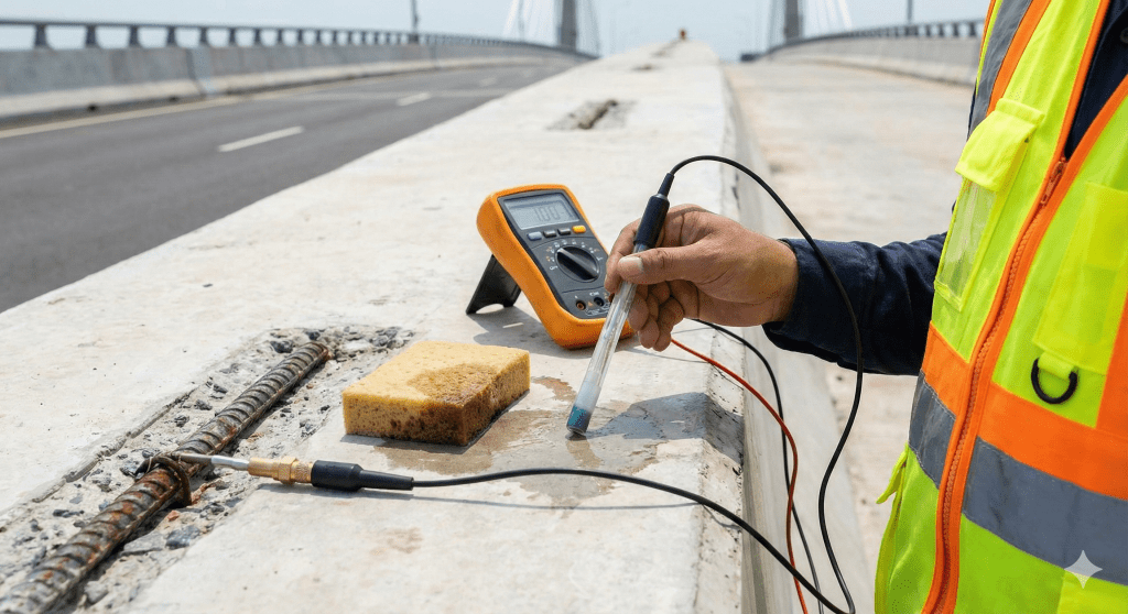 A construction professional conducting non-destructive testing on a concrete structure using a measuring device, with a sponge for conductivity, to assess the integrity of the material.