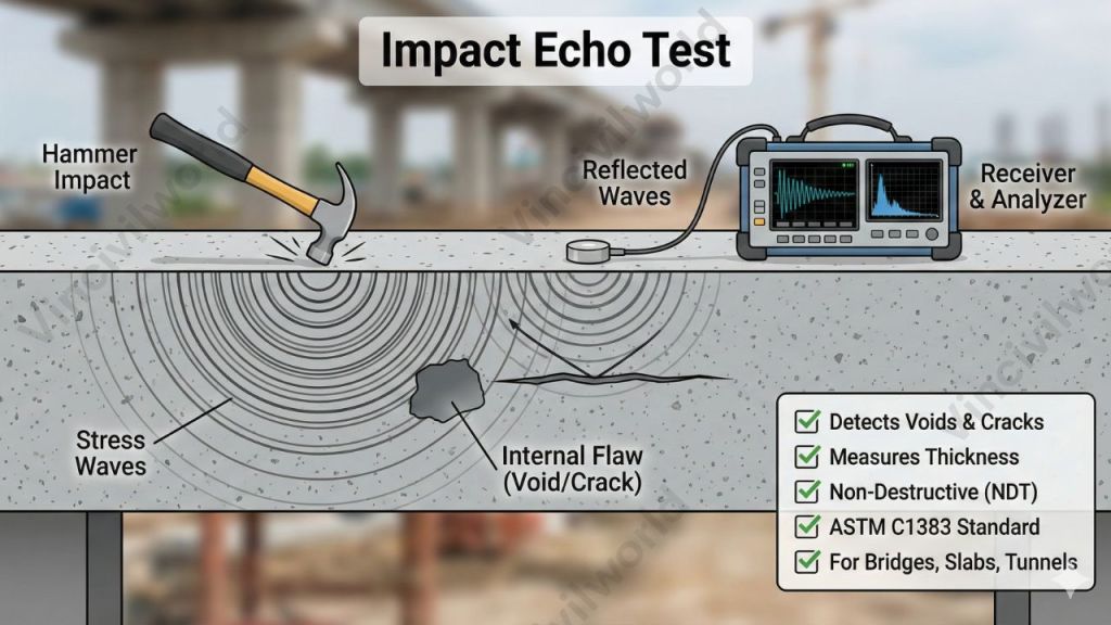 Illustration of the Impact Echo Test showing a hammer impacting concrete, generating stress waves. The diagram includes labels for 'Hammer Impact', 'Stress Waves', and 'Internal Flaw (Void/Crack)', as well as a receiver/analyzer that detects reflected waves. The image highlights the test's ability to identify voids and cracks non-destructively, following ASTM C1383 standards.