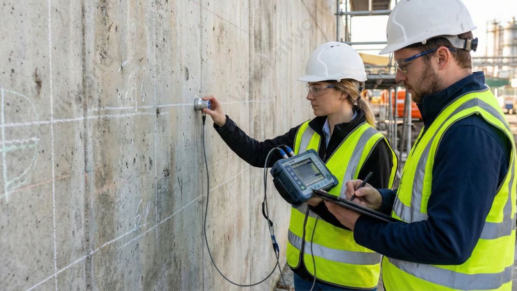 Two engineers conducting non-destructive testing on a concrete wall using specialized equipment.