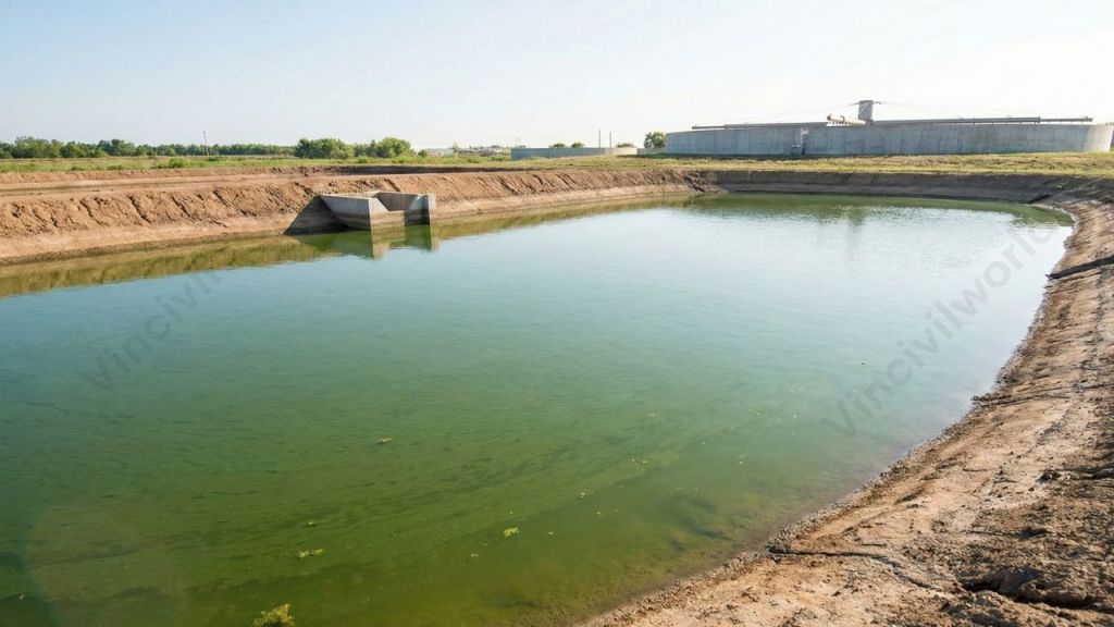 A shallow oxidation pond for wastewater treatment, showcasing water with visible aquatic vegetation and a concrete inlet structure, surrounded by earth banks.
