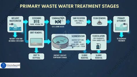 Flowchart illustrating the stages of primary wastewater treatment, including influent wastewater, screening, comminution, grit removal, sedimentation, flocculation, scum removal, and primary effluent.