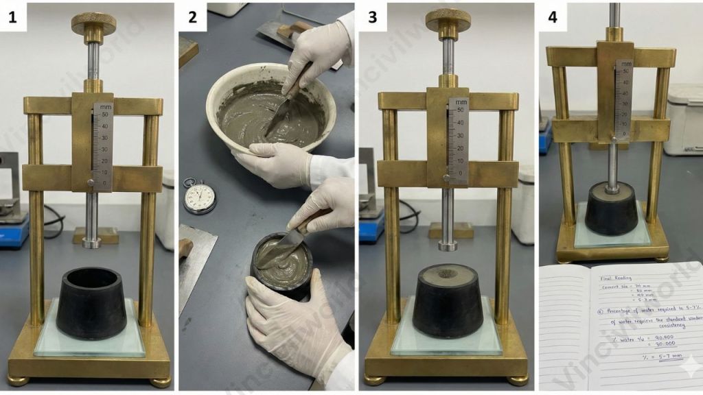 Vicats apparatus setup for the standard consistency test of cement, showing the plunger mechanism.