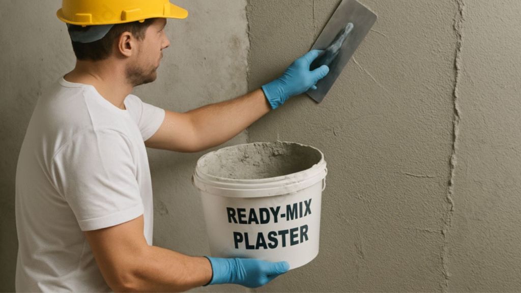 A construction worker wearing a hard hat and gloves applies ready-mix plaster to a wall using a trowel, with a bucket labeled 'READY-MIX PLASTER' nearby.