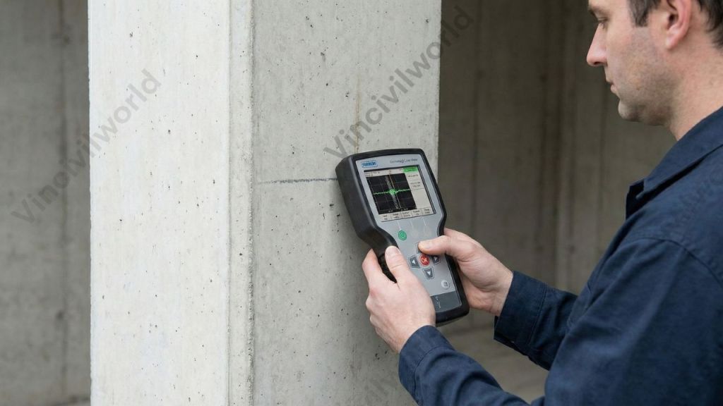 A technician using a handheld ultrasonic testing device on a concrete surface to assess the material's properties without causing damage.