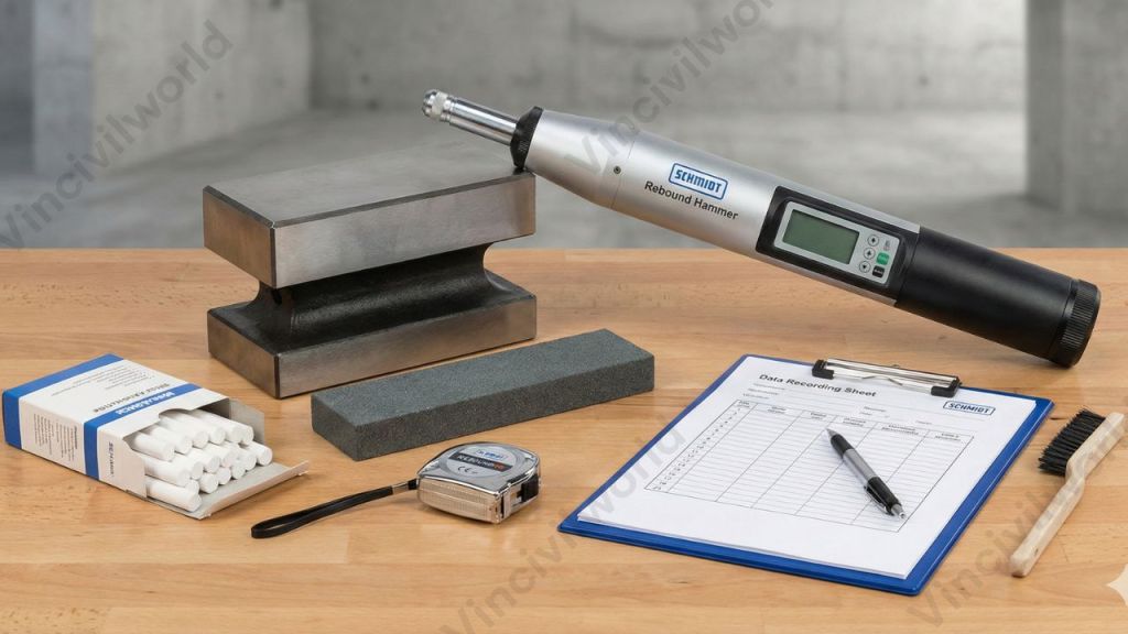A Schmidt rebound hammer positioned near a concrete block, surrounded by a data recording sheet, measuring tape, and a set of reference materials for conducting the rebound hammer test for concrete strength.
