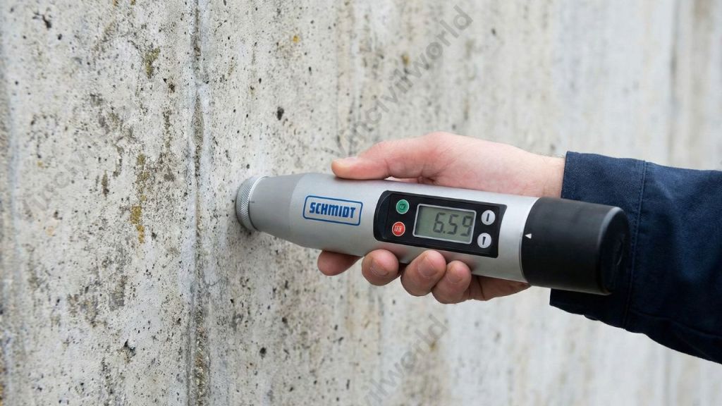 A person conducting a Schmidt Hammer Test on a concrete surface, showing the rebound measurement displayed on the device.