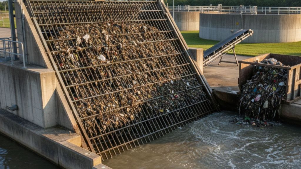 Screening process at a wastewater treatment facility, showing a large screen collecting debris and solid waste from incoming sewage.