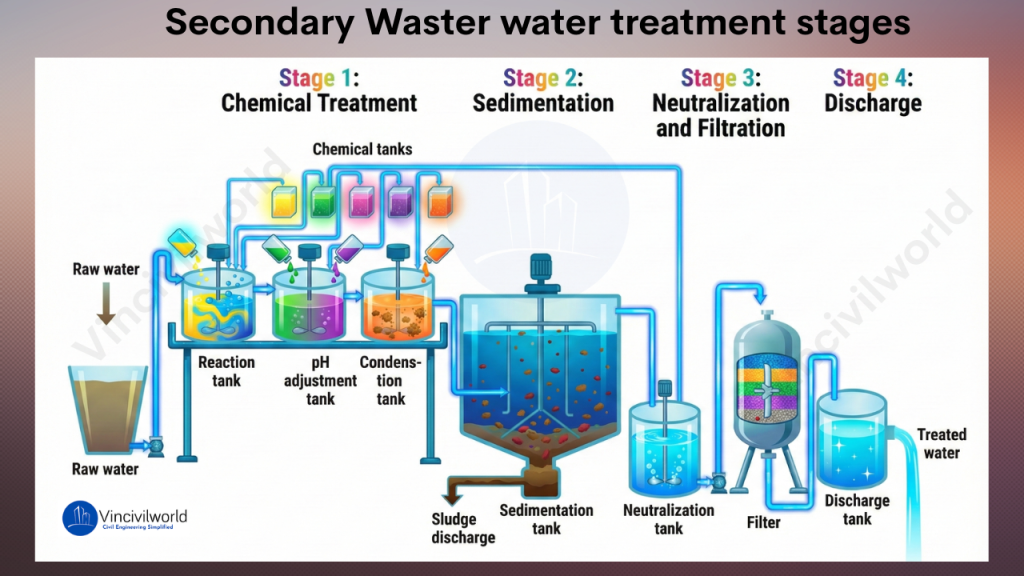 A diagram illustrating the stages of secondary wastewater treatment, including chemical treatment, sedimentation, neutralization and filtration, and discharge. It shows various tanks and processes involved in each stage.