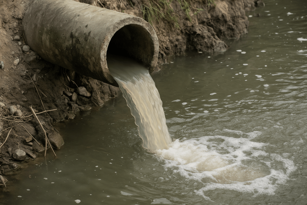A drainage pipe discharging cloudy wastewater into a body of water, illustrating the issue of sewage pollution.
